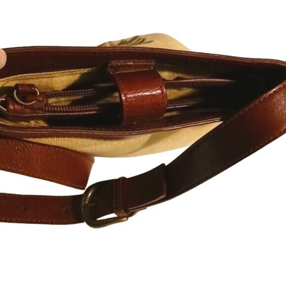 Scala Tan Canvas Palm Tree Bag Brown Leather Trim and‎ Adjustable Strap - Picture 7 of 12